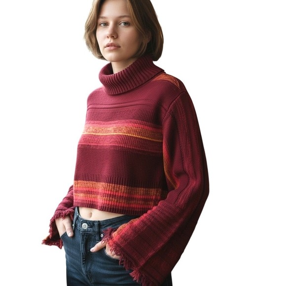 Free People Sweaters - Free People Womens‎ Sweater Sz XS Red Striped Cropped Turtleneck Bell Sleeves